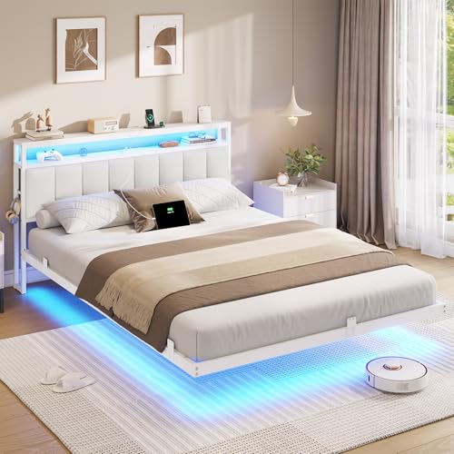AOGLLATI Lit 160x200 avec Multiprise et Éclairage LED, Lit 2 Personnes Flottant avec Tête de Lit Rangement, Cadre de Lit 160x200 avec Sommier en Métal,...