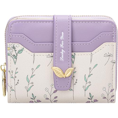 Image of BIAOTIE Wallet for Women Cute Floral Flower Wallet RFID Credit Card Holder Purse Small Bifold Zipper Coin Pocket Purse with ID Windows (Lavender Fl)