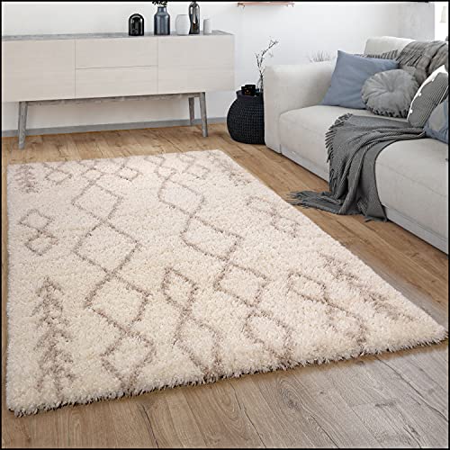Paco Home Hochflor Teppich Wohnzimmer Shaggy Langflor Skandinavisches Rauten Muster Modern, Grösse:120x160 cm, Farbe:Creme