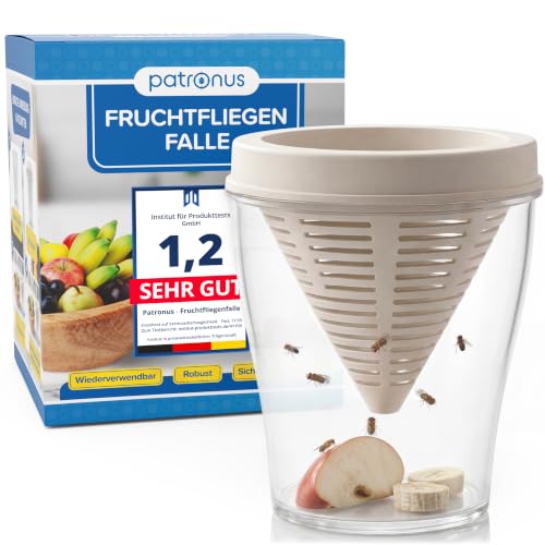 Patronus Fruchtfliegenfalle für Küche - 1x Wiederverwendbare Fruchtfliegen Lebendfalle zum Fruchtfliegen dauerhaft loswerden spülmaschinengeeignete Fruit Fly Trap robuste Obstfliegenfalle Küche