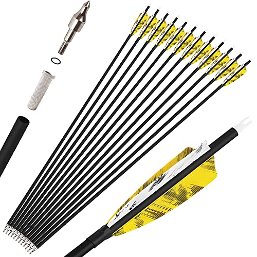 wolfman 12X Flechas de Carbono Spine 500 Flecha Arco Recurvo Flechas Caza Adulto con 4' Plumas Naturales Flecha para Arco Recurvo Arco Compuesto Tiro con Arco (32 Pulgadas, 2 Amarillos 1 Blanco)