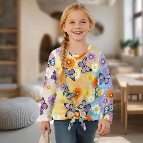 Girls Long Sleeve Shirt with Tie Front,Crew Neck Soft Teens T-Shirt,Fashionable Loose Girls T-Shirt4