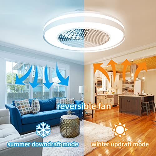 Ceiling Fan With Lights Remote Control,Dimmable Fan Lighting, 20'' Enclosed Bladeless Fan, Semi Flush Mount,2.4Ghz Wi-Fi Bluetooth & App Controlled Works With Alexa And Google Assistant (Matte White) #TOP2
