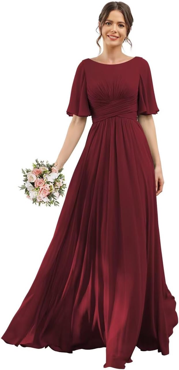 Women's Flutter Sleeves Bridesmaid Dress Scoop Neck Ruched Maxi A Line Chiffon Formal Evening Dresses with Pocket ZU113