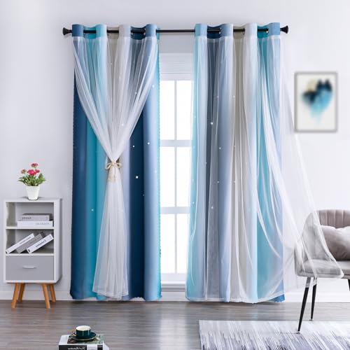 Anytime Dream Star Blackout Curtains for Kids Rooms Girl Princess Curtain for Daughter Bedroom Window (Blue,1 Panel,W52 x L95inch)