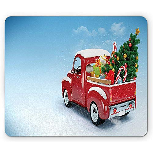 Preisvergleich Produktbild Weihnachtsmausunterlage, roter klassischer Kleintransporter mit Baum-Geschenken und Verzierungen Bild des verschneiten Winters Tages, 25 x 30 cm rutschfestes GummiMousepad