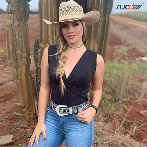 SUOSDEY Rhinestone Belt for Men Women Western Cowboy Cowgirl Bling Studded Leather Belt for Jeans Pants2