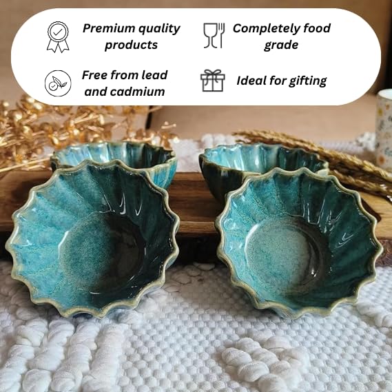 Image of Niyara Stoneware Handmade Ceramic Stylish Premium Bowls Serving Bowls Microwave Dishwasher Safe (Small Green Moraccan)