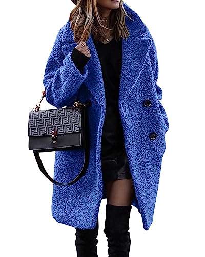 BTFBM Women Winter Faux Fur Coats 2026 Lapel Long Sleeve Fuzzy Fleece Outerwear Button Down Sherpa Jackets Fall Outfits(Royal Blue, Medium)