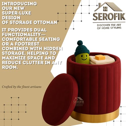 Image of Ottoman Stool with Storage, Round Dutch Velvet Cover Memory Foam Padded 32L Capacity Ottoman Bench Footrest, Pouffe, Office Stool, Makeup Chair, Vanity Chair for Living Room, Bedroom