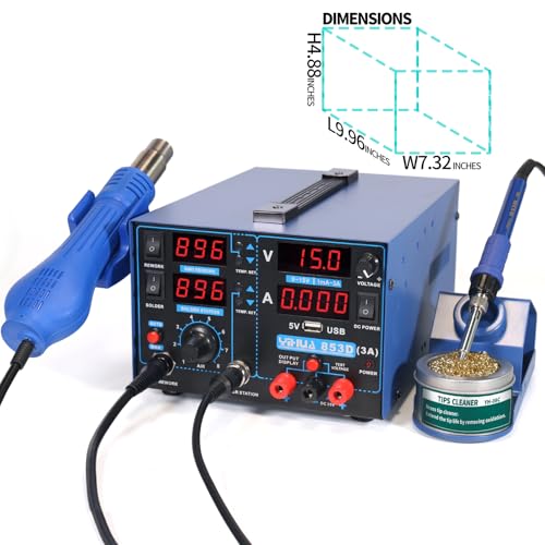 Image of YIHUA 853D USB 3A-Three Tools- Soldering Station, Hot Air Rework Station and Power Supply 0~3A, 0-15V with output and test modes. Also ºC /F display, Digital Cal, Sleep Function