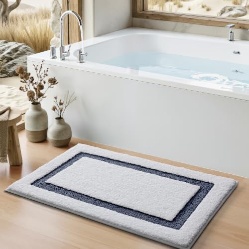 Image of Color&Geometry White Bathroom Rugs 36x24, Extra Soft Absorbent Microfiber Bath Rugs, Non-Slip Bathroom mat, Washable Plush Bath Mats for Bathroom, Shower, Bathtub, Laundry, White Blue