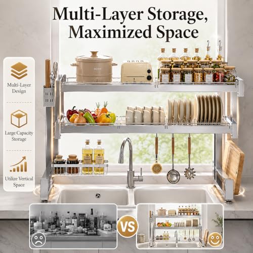 Image of COMFYHOME Stainless Steel Over the Sink Dish Drying Rack for Kitchen-Sturdy Stable, Rust-Proof Durable Features Cutting Board Holder, Knife Rack, and Storage Basket; Ideal for Dish Drainer Large Size