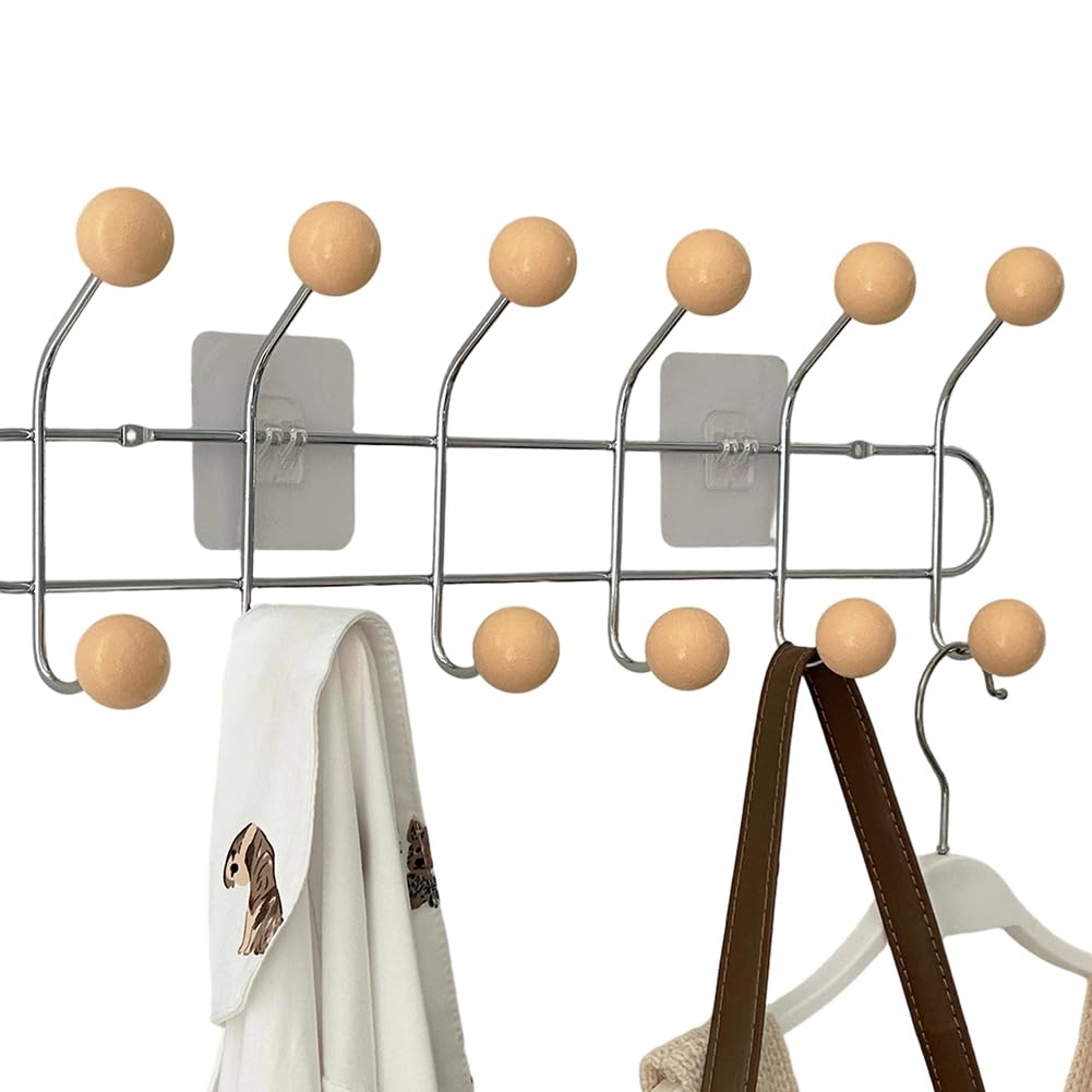 Hndhbfgrt Apricot Color No Punch Installation Space-Saving Wall-Mounted Hanger With 6 Hooks For Clothes And Towels Wood Color