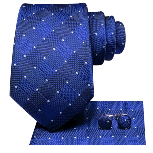 Image of Hi-Tie Mens Plaid Ties Classic Paisley Necktie with Handkerchief Cufflinks Set Business Stripe Tie