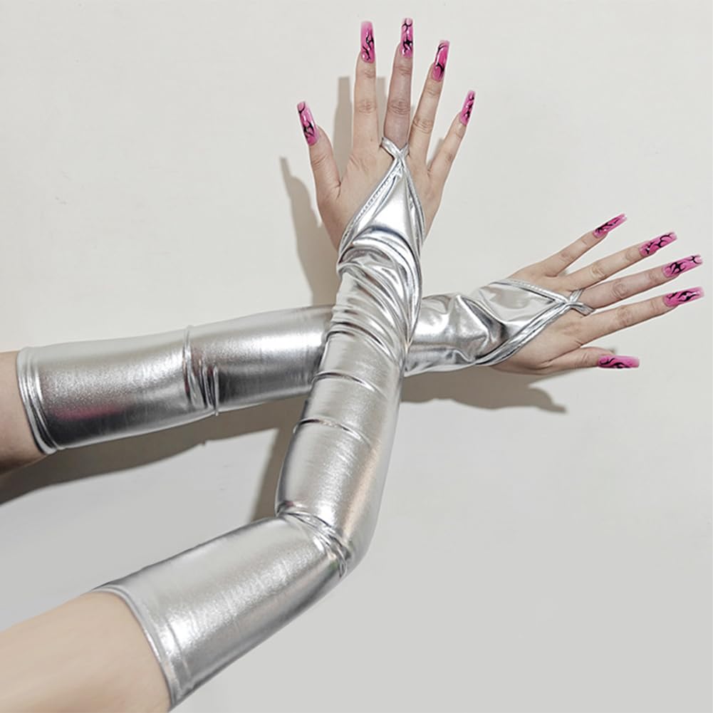CALFOVERA 48.2cm Fingerlose Handschuhe Silber Glänzende PU Leder Metallhandschuhe Damen Gothic Punk Lang Ellenbogen Handschuhe Halloween Cosplay Kostüme Sexy Armstulpen für Gala Brautparty Hochzeit Spielzeug