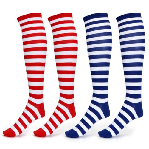 Calcetines Rayas Largos Meleager, 2 Pares Calcetines Altos Rayas Mujer, Rojo Blanco, Azul Blanco, Talla 36-41, Versátiles para Carnaval, Halloween, Fiesta de Pijamas