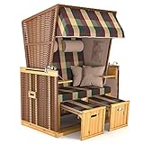 SANZARO Strandkorb XL 120 cm Deluxe Zweisitzer | Holz und Poly-Rattan | Sylt Ostsee Volllieger | inkl. 4 Kissen klappbare Rückenlehne | Rot-Beige-Grün Karo