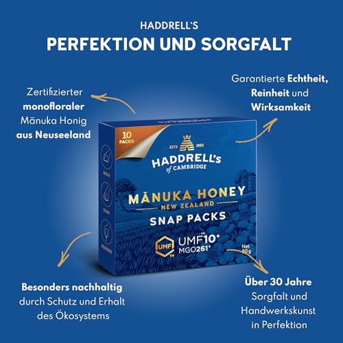 Image of Haddrell's of Cambridge Manuka Honey Snap Packs UMF 10+ MGO 261+ • New Zealand Monofloral Manuka Honey • Portable Single Serve Sachets for Immunity, Energy & Wellness • 10 x 8g, 2.82 oz ℮ 80 g