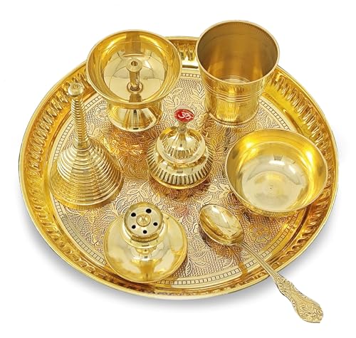 Image of BENGALEN Brass Pooja Thali Set 8 Inch Puja Thali with Pital Plate Glass Bowl Piyali Diya Dhup Dan Sindoor Dibbi Ghanti Spoon Arti Thali for Diwali Home Office Mandir Wedding Return Gift Items