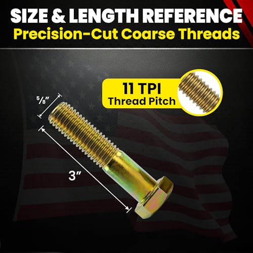 Image of Chenango Supply 5 /8-11 x 3 Grade 8 Hex Head Cap Screws | Alloy Steel Hex Bolts, 150,000 PSI Tensile Strength, Yellow Zinc Chromate Finish, USS Coarse Thread Fasteners (10 Pack)