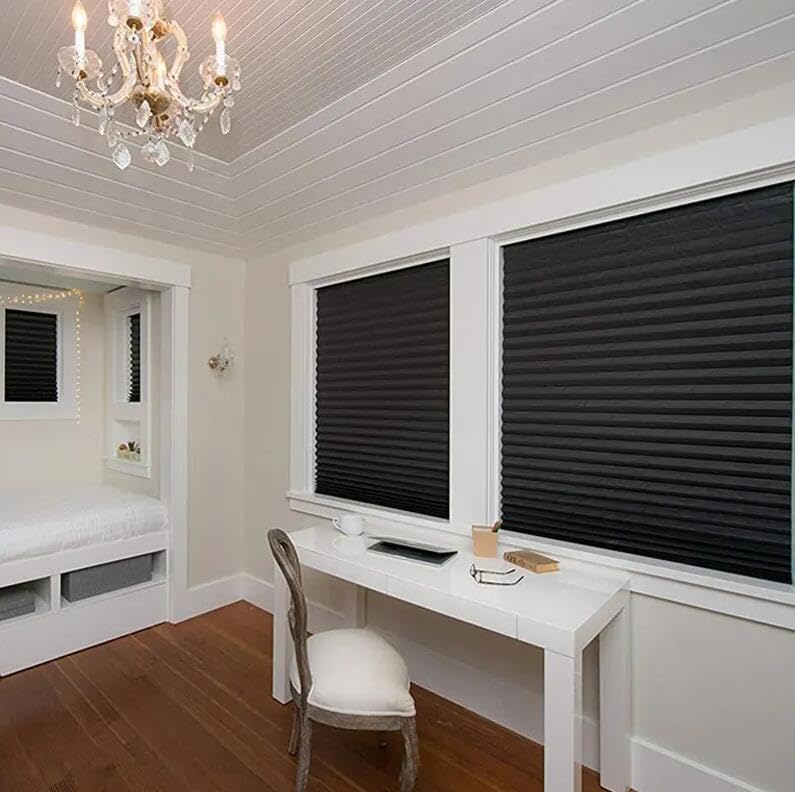 Blackout Window Blinds Shade Cordless Blackout No Drill Cut to Size Clip On Stick On Self Adhesive Temporary Blinds Pleated Paper Blinds for Windows Doors Shades (Black, 90 X 150cm/35.43 X 59.06)