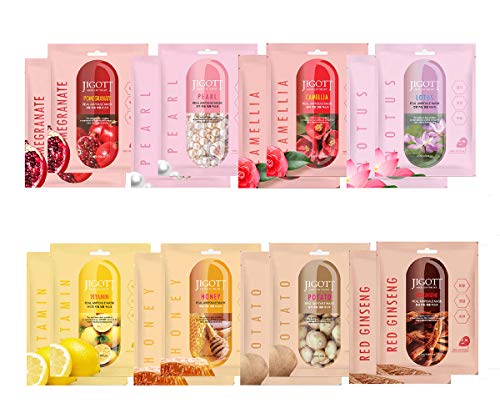 Jigott Korea Skin Care Real Ampoule Full Face Facial Mask Pack 2 of Each 8 Types B Set (16 Pack)