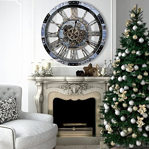 Dorboker 24" Large Wall Clock With Moving Gears,Oversize Vintage Rustic Country Tuscan Style Ocean Clocks For Living Room Home Office Decor,Solid Wood Hd Tempered Glass Cover,Aqua Green #TOP4