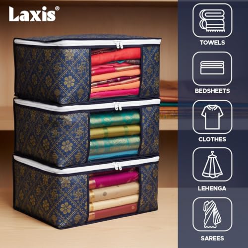 Image of LAXIS Saree Organiser for Wardrobe, Foldable Royal Print Saree Covers for Storage Set with Clear Window & Zipper, Golden-Navy Blue (Pack of 6)