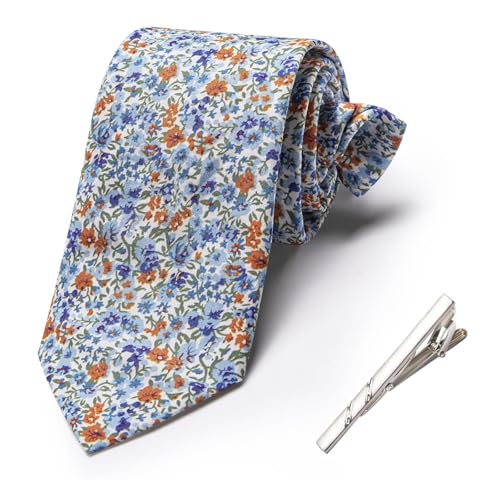 Image of Barry.Wang 100% Cotton Floral Ties for Men 63 inch Extra Long Necktie Clip | Fashion Cotton Printed Neckties,Wildflower 2.76 inch Ties Skinny,Gift Box,Groomsmen Wedding Engagement Graduation