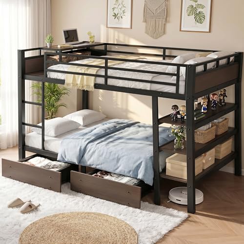 Bunk Bed Twin Over Twin with Stairs, LED Lights, 2 Storage Drawers, USB Charging, Industrial Bunk Beds Heavy Duty Metal Bed Frame with Safety Guardrail, Space Saving, Sturdy Frame for Teen/Adult