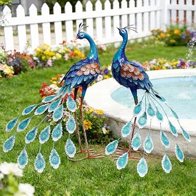 Oritty 29 Inch Metal Peacock Decor, Outdoor Peacock Statues Yard Art, Garden Statues for Patio Yard Lawn Home Backyard Decorations, Set of 2
