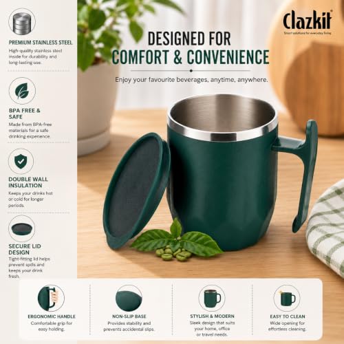 Image of Clazkit Travel Leak Proof Coffee Mug | Stainless Steel Coffee Tumbler | Spill-Proof Lid | Hot & Cold Vacuum Mug for Office, Travel & Car -300ml - Dark Green