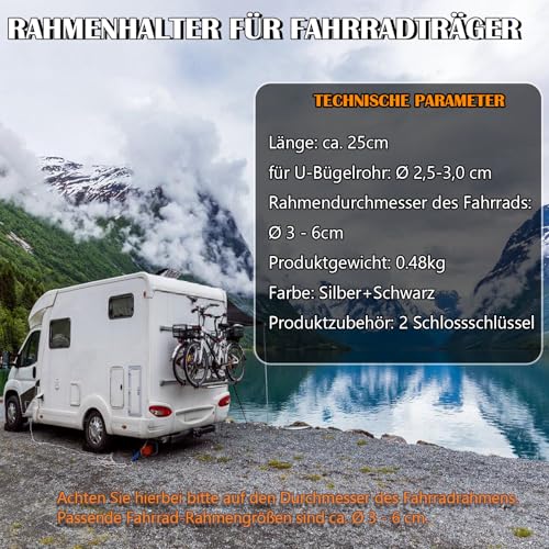 Sorlpv Rahmenhalter für Fahrradträger 25CM Länge, Universal Kurze Fahrradrahmenhalter Abschließbare, Alu Rahmenhalter für U-Bügelrohr: Ø 2,5-3cm, für Rahmendurchmesser des Fahrrads: Ø 3-6cm