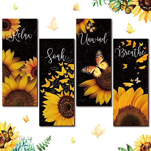 Wesiti Bathroom Wall Art - 4 Pcs Sunflower Butterfly Theme Wooden Hanging Signs - Soak Relax Unwind Breathe - Bathroom Decoration