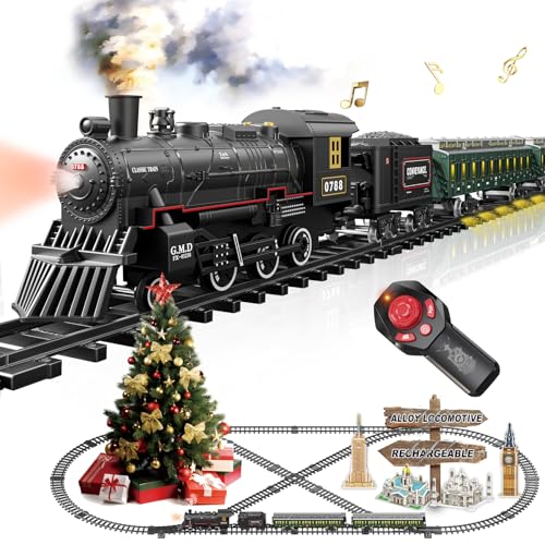 Electric Train Sets Remote Control for Kids Metal Alloy Christmas Train Toys Steam Locomotive Glowing Passenger Carriages Luxury Tracks Light & Sounds Rechargeable Birthday Gifts for Boys Girls Green