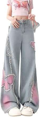 Y2K Baggy Distressed Jeans for Women with Butterfly/Star Patches