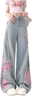 Y2K Baggy Ripped Jeans for Women - Wide Leg Butterfly Print &amp; Star Patch Distressed Denim Pants High Waist Streetwear
