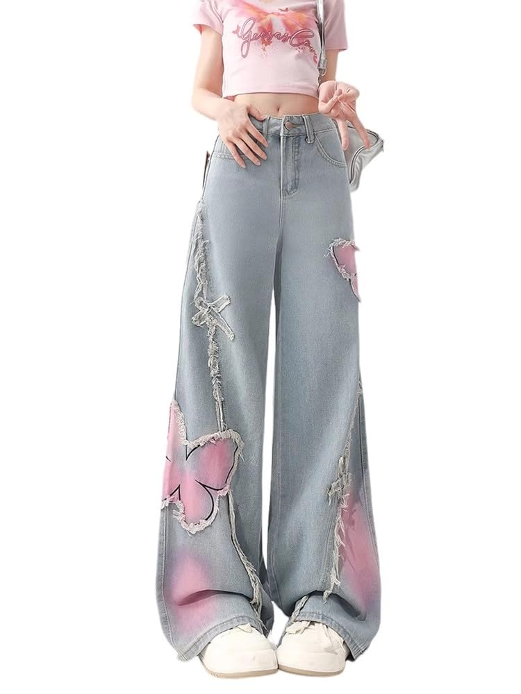 Photo 1 of Y2K Baggy Ripped Jeans for Women – Wide Leg Butterfly Print & Star Patch Distressed Denim Pants High Waist Streetwear (US, Alpha, XX-Large, Regular, Regular, Blue3)