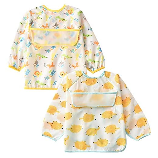 Happy Cherry -Baby haklappar med långa ärmar vattentät matning haklapp med fickor fläckbeständiga förkläde haklappar för 6 månader till 5 år barn som äter och målar 2 st, Engelsk lejon + gul elefant, S/6-18 Månader
