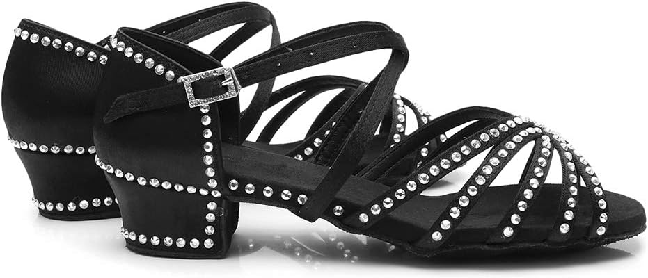 HIPPOSEUS Girls Rhinestone Latin Dance Shoes Low Heel Ballroom Salsa Dance Practice Performance Shoes