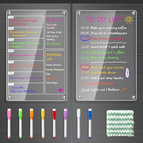 2 Pack Magnetic Meal Planner for Fridge Acrylic Weekly Planner & Menu Board Set Clear Fridge Whiteboard Calendar with 8 Markers & 1 Towel Meal & Grocery Organization for Kitchen