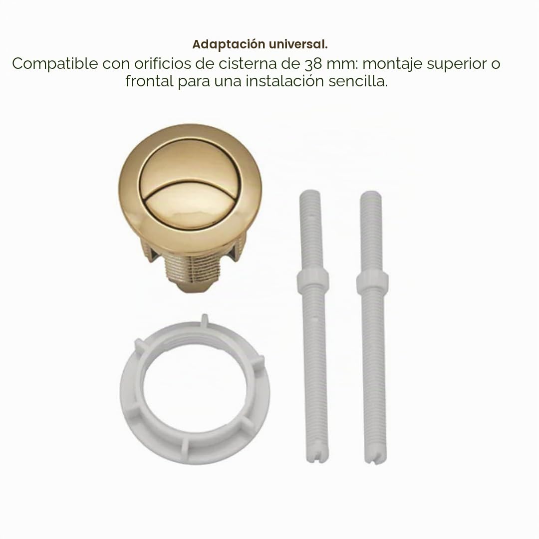 Botón de descarga de inodoro de latón cepillado, agujero de cisterna de 38 mm, husillos ajustables de hasta 125 mm, montaje superior o frontal, acción suave, botón ABS con tuerca trasera segura para
