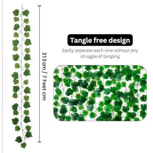 Image of Go Hooked Artificial Hanging Creeper for Home Decor (Pack of 3, 7 Ft) | Green Linden Leaf Garland with 4x3.5 cm, 72 Leaves Each | Plastic Decorative Creeper for Balcony, Walls, Garden Decoration