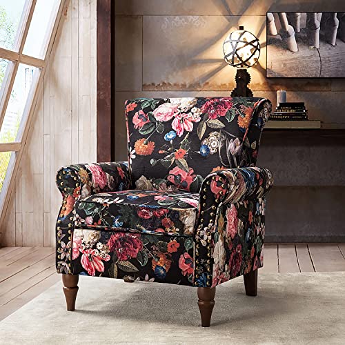 HULALA HOME Modern Wingback Accent Chair with Wood Legs & Removable Cushion, Comfy Upholstered Armchair with Nailhead Trim, Floral Pattern Single Sofa Chair for Living Room Bedroom, Black