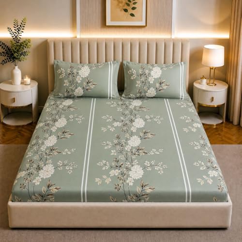 Image of Castiqa Cotton Feels All Over Elastic Fitted Bedsheet Set with 2 Matching Pillow Covers Queen Size 60x78 Light Green