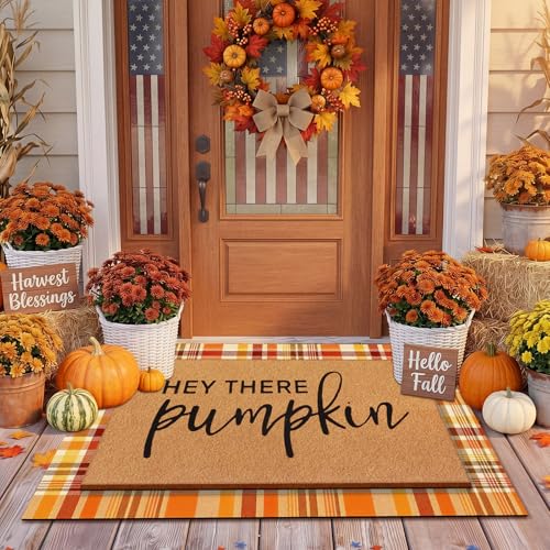 Drydiet 2 Pcs Fall Layered Doormat Set Hey There Pumpkin Doormat with Stripe Layering Rug for Autumn Thanksgiving Front Door Porch Entryway Decor(Fall Orange)