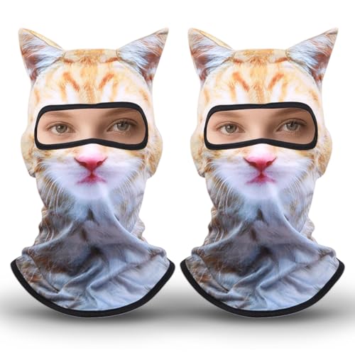 ASDIIT 2Pcs 3D Printed Cat Rave Masks with Ears Orange Cat Ski Sheisty Mask Balaclava Face Sheisty Mask for Skiing & Outdoor Activities