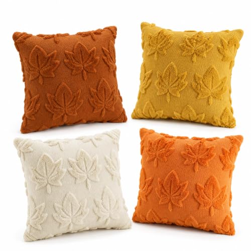 Image of Oryven Set of 4 Autumn Cushion Covers 45x45cm, 3D Maple Leaf Textured Throw Pillow Cases, Burnt Orange Cream Yellow Decorative Cushion Covers with Hidden Zipper for Sofa Bedroom Fall Home Decor
