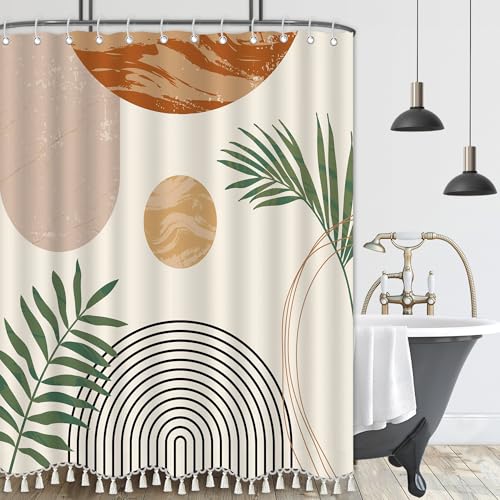 GiuMsi Boho Mid Century Leaf Shower Curtain Set,Arch Sun Design,Minimalistic Leaves Pattern,Waterproof and Luxurious Fabric-12 Hooks(Beige-72" x 84") by GiuMsi - Used condition - Image 2